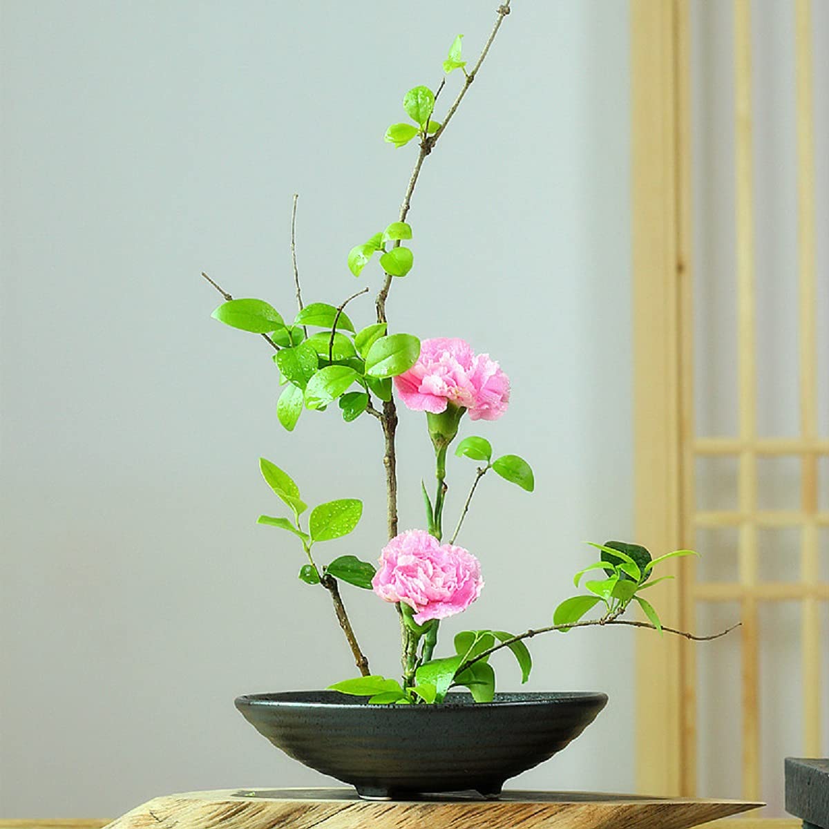 【新着特価】水盤 生花用の花器 陶器 セラミックス ブラック 花瓶 花器 フラワーベース 日本 黒丸水盤 楕円型 大 華道用花器