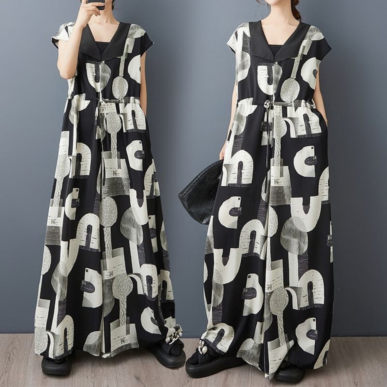 抽象柄 ノースリーブ ジャンプスーツ  30163