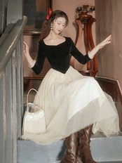 【0100】Simple Lace A Line Long Sleeve Dress