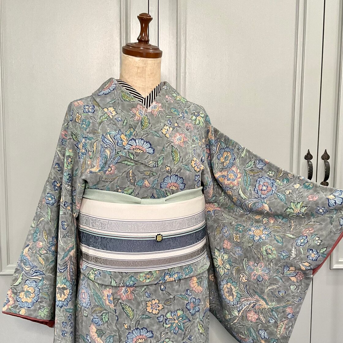 long＊gray botanical＊花 鳥 縮緬 ちりめん モリス ボタニカル グレー 