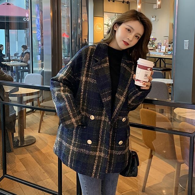 【予約販売】チェスターコート レディース ショート丈 チェック柄 ダブル ゆったり きれいめ 秋冬 アウター 大人可愛い エレガント おしゃれ こなれ感 韓国 大きいサイズ S/M/L/XL