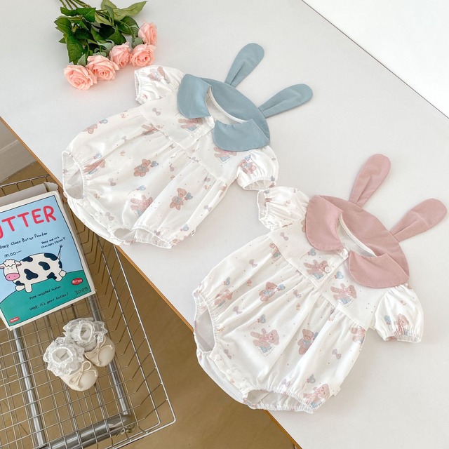 【BABY】風船くまプリントうさ耳襟半袖ロンパース - 7