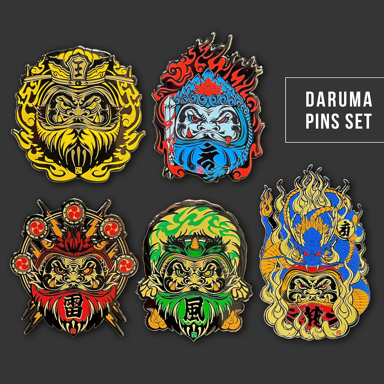 閻魔/不動明王/風神/雷神/龍神 達磨Pins set