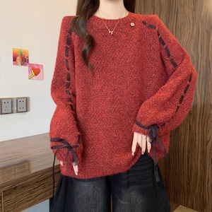 リボンステッチパフスリーブニット ・73027 リボンステッチパフスリーブニット ・73027