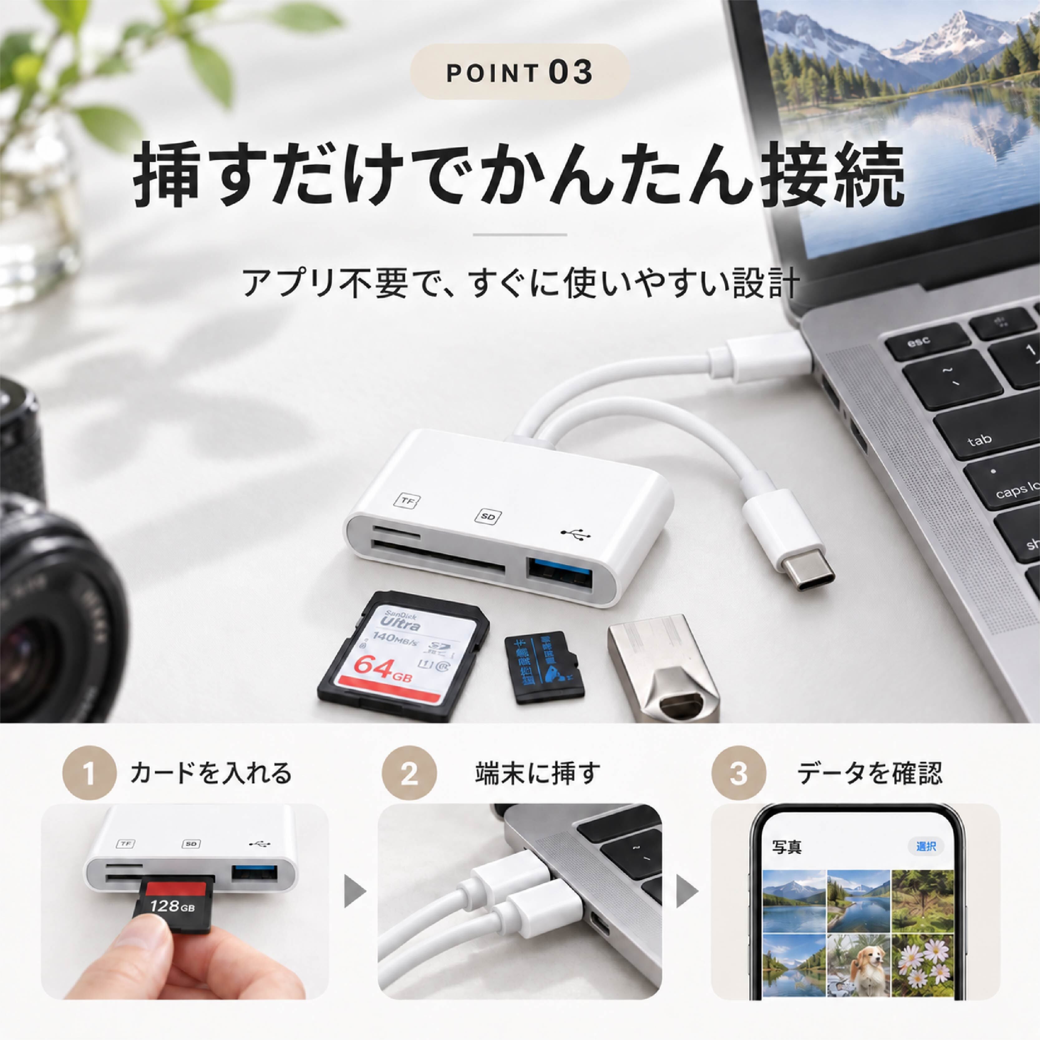 HY 1085 . 3in1カードリーダー SD microSD USB対応 iPhone iPad