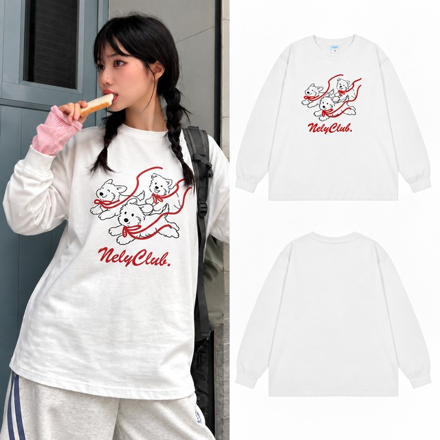 ユニセックス 長袖Tシャツ ワンちゃん DOG リボン プリント オーバーサイズ カジュアル 韓国ファッション メンズ レディース ストリート系ファッション TBN-1079078802555
