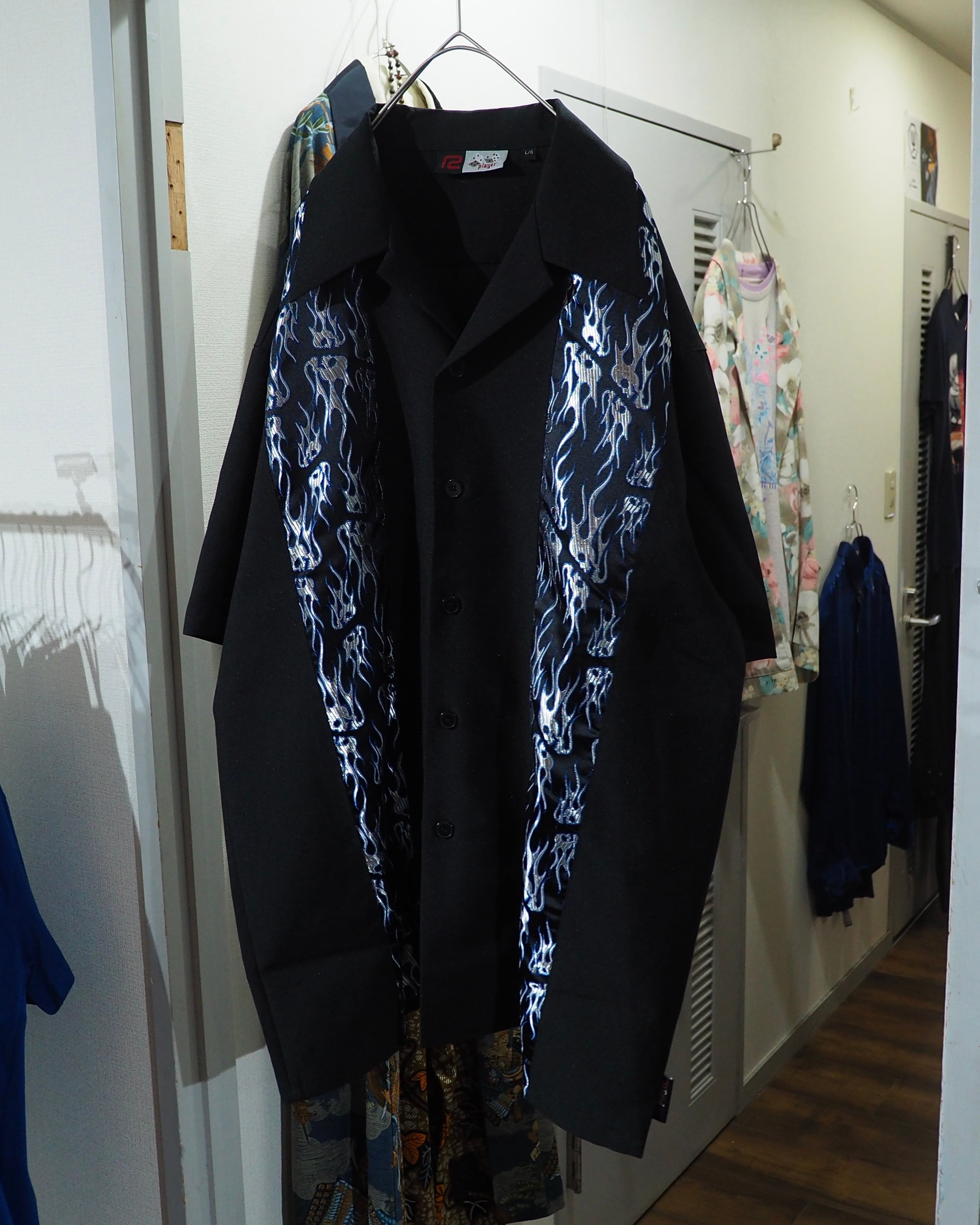 Skull × Flame pattern Satin switching vintage loose Open callar SS shirt