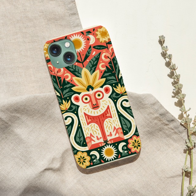 受注生産 iPhoneケース 白い猫と花のサイケ民芸｜猫モチーフ PSYF057A