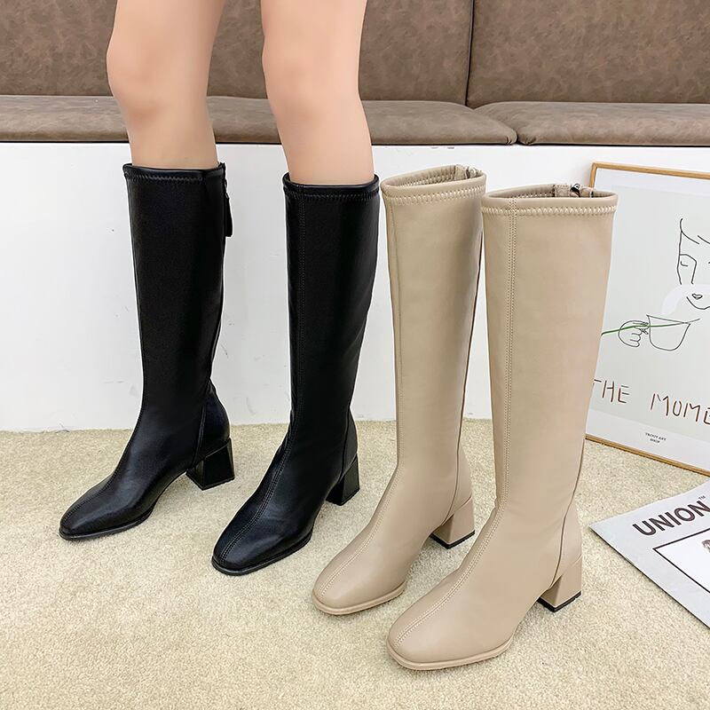 ロングブーツスプリングレッドカラースリーブカジュアル ハイヒール 靴 シューズ 春物 ピュア フェイクシューズ19903997222