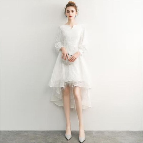 ドレス 結婚式  披露宴 二次会 フォーマル イブニングドレス ミディ丈 華やか エレガント パーティドレス 長袖 アシンメトリー ボートネック 無地