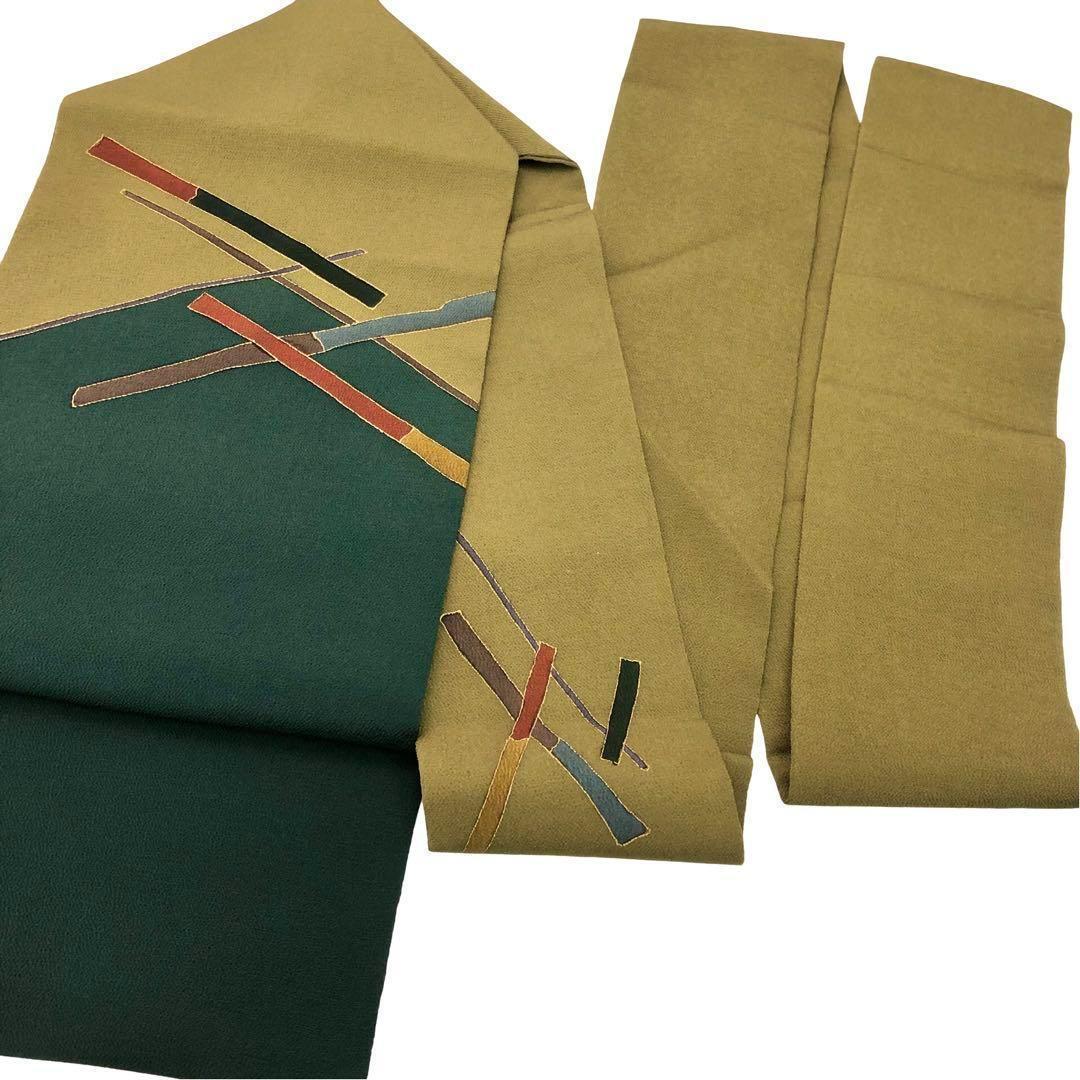 名古屋帯 抽象模様 金彩 縮緬 利休茶色 ガード加工 O-3601 | リユース  