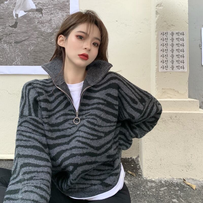 パターンセーター ジャケット レディースオータムウィンタールーズジッパープルオーバー トップス 秋物 冬物 ブラックストロベリース78255112153