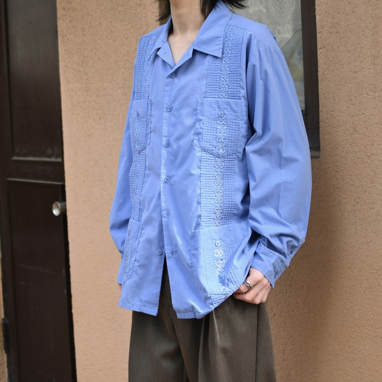 embroidery design long sleeve cuba shirt blue