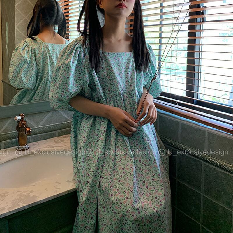 フローラルドレス サマースタイルスリーブルーズ薄手Aラインスカート 夏物 花柄 スクウェア ビッグFスモールZ韓国15922698483