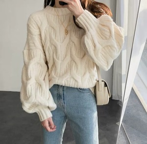 【送料無料】 カジュアル ざっくりニット ボア オーバーサイズ シンプル 無地 甘め プルオーバー セーター 厚手 暖かい 秋冬 TP-051MG