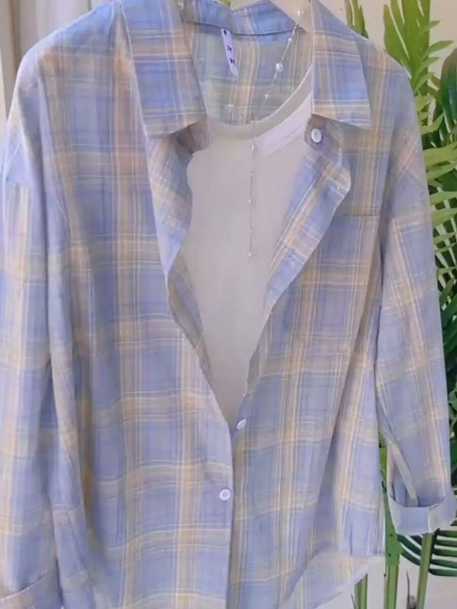 レディース ブルーチェック柄シャツ 長袖 薄手 ルーズフィット 夏 韓国風