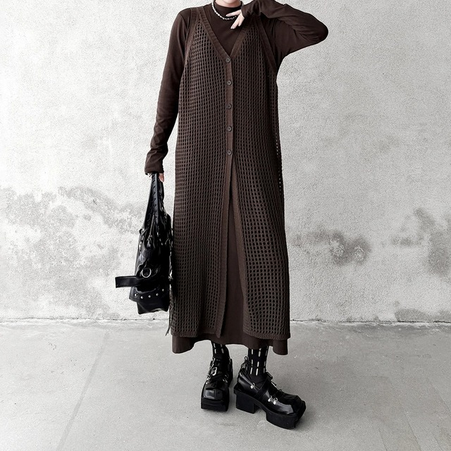 ボタンフロント ロングメッシュベスト＆ワンピース（上下個別）3color ST0245