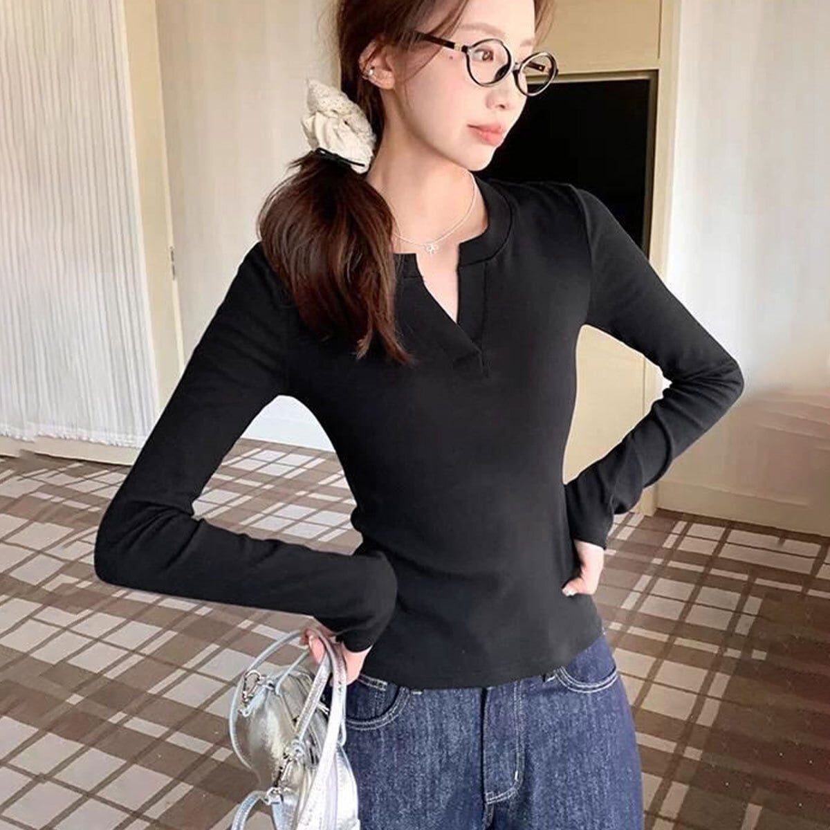 Vネック 長袖 Tシャツ レディース 春秋冬 韓国 無地 きれいめ シンプル 大人 カジュアル トップス インナー 細身 伸縮性 プルオーバー 大人可愛い 大人女子