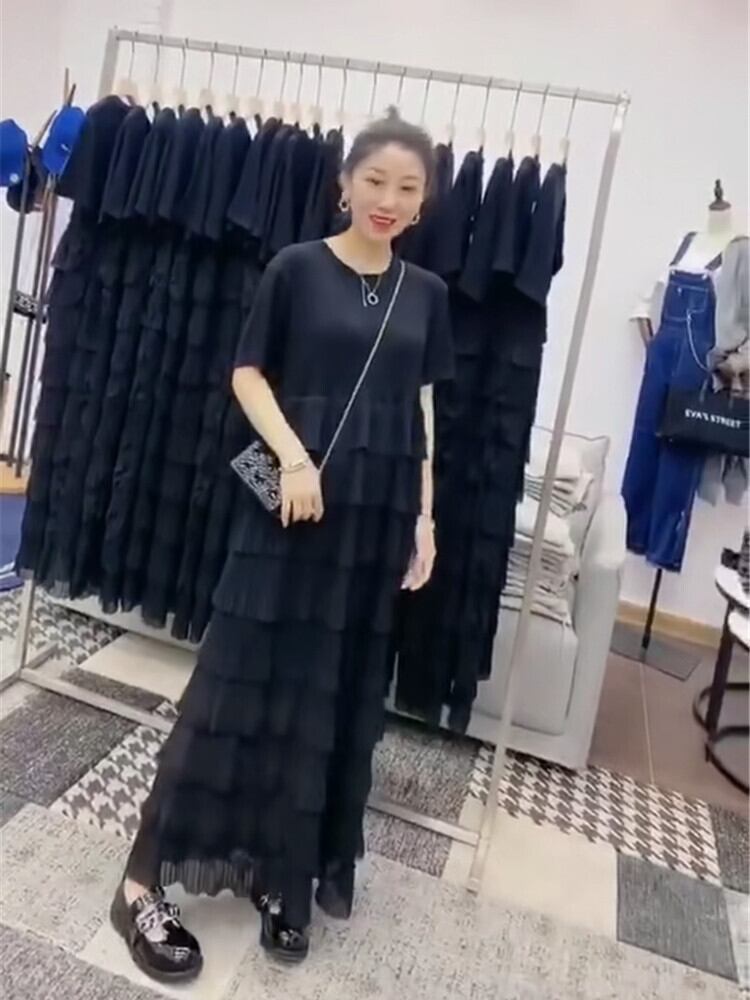 ドレス スプリングサマースタイルシフォンブラックロングスカート 大きめサイズ 春物 夏物 ミックスインファッション64394726932