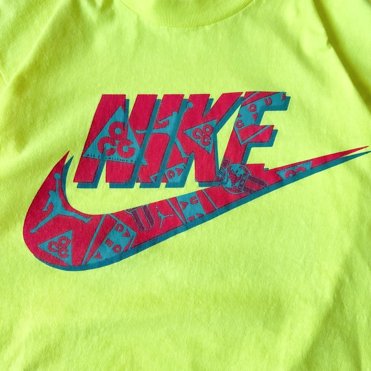 90s “NIKE” made in usa multi logo swash fluorescence yellow tee 90年代 ナイキ  マルチロゴ スウォッシュ tシャツ 銀タグ シルバータグACG jumpman
