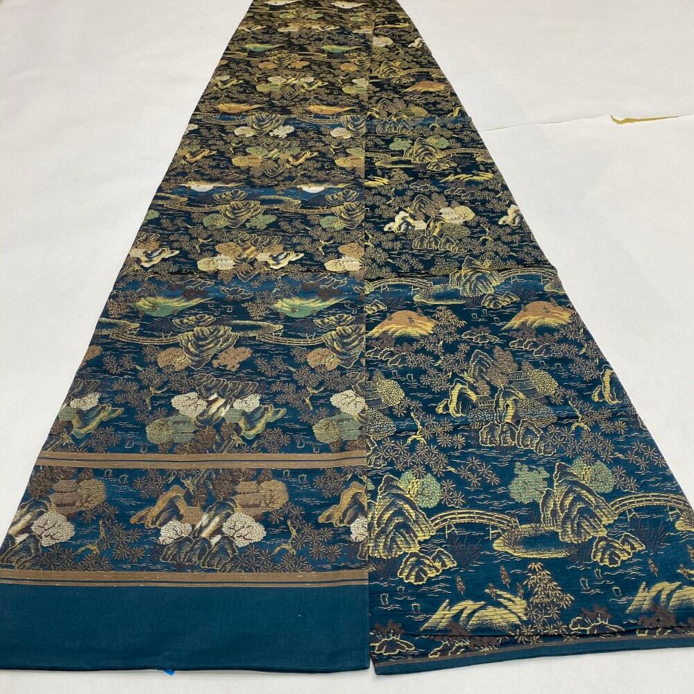 中古 丸帯 正絹 連続模様 全通柄 ネイビー Bランク 390cm 5698