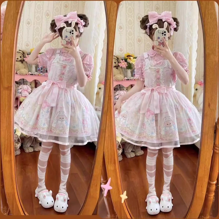 ロリィタ ゆめかわいい セットアップ ブラウス ジャンパースカート 生成色 ピンク プリント柄