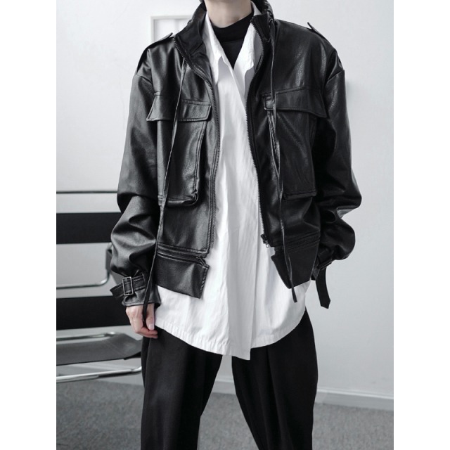 レザー ショート ジャケット ウインドブレーカー ツーリング メンズ 男性 フード ファッション 服 ゆったり 大きい サイズ ジャケット男 女 カジュアル オーバー Gilb