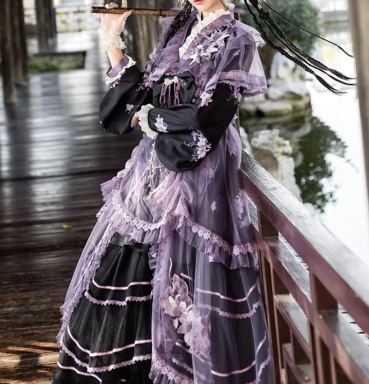 和ロリ 華ロリ 鯉のぼり 和柄ワンピース オーガンジー重ね ゴスロリ ロリータ 華ロリ 中華ロリ オーバーワンピース + クロス襟ワンピース + スカート