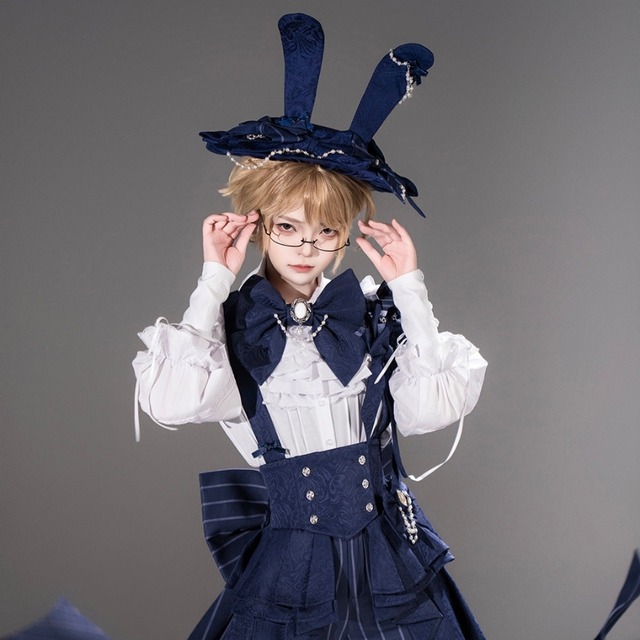 王子系少年装 宝石紺 ジュエルネックリボン 皇子ロリィタ対応 パールチェーン付きアクセサリー｜princessChronicle 男装コーデ