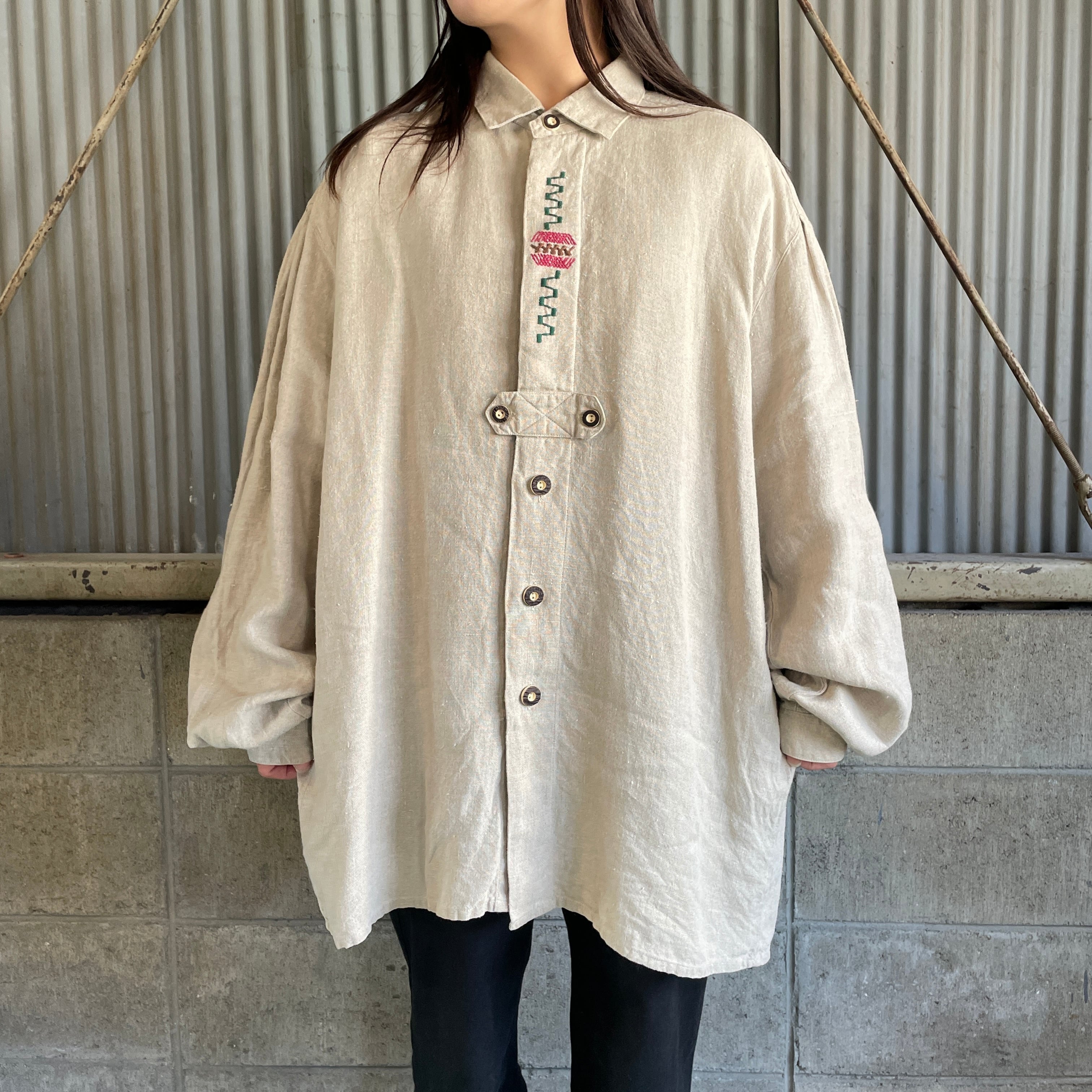 90年代 GLORIETTE リネン 刺繍デザイン 長袖 チロリアンシャツ メンズ 