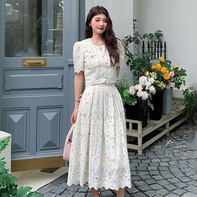 【Morning Gardenシリーズ】セットアップ トップス+スカート 刺繡 好感度UP 半袖 花柄 S M L XL