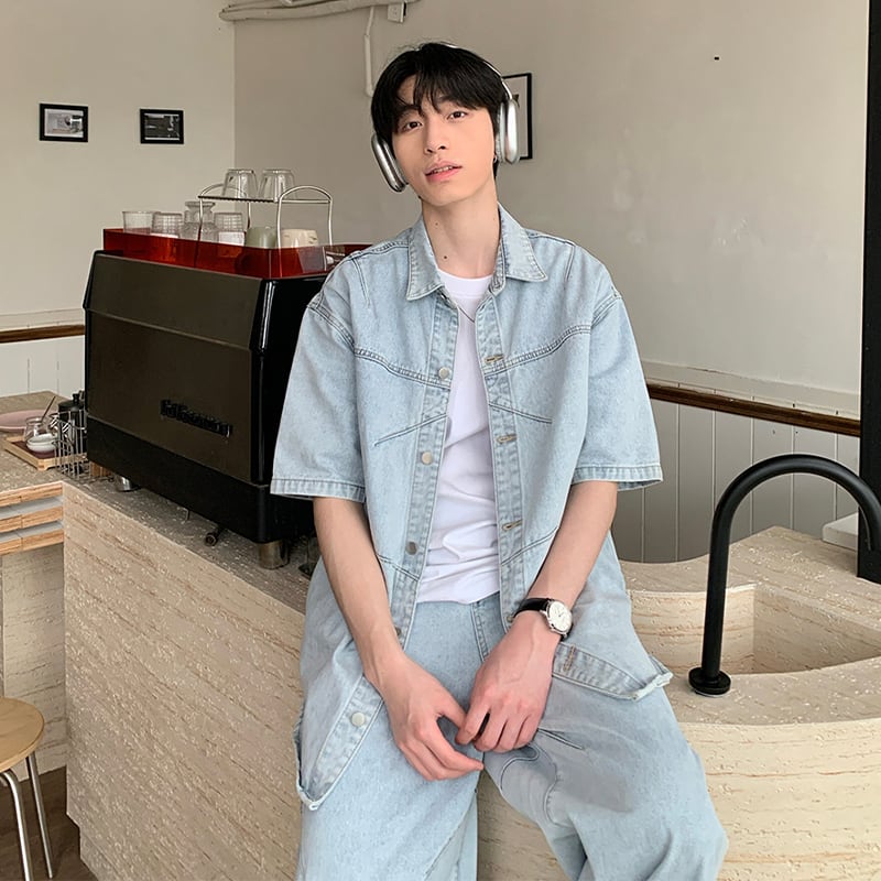 メンズ ホワイト トップス ストリート デニム シャツ 韓国 ONELYC1NS韓国風水色ウォッシュドデニムシャツ | mblueshop