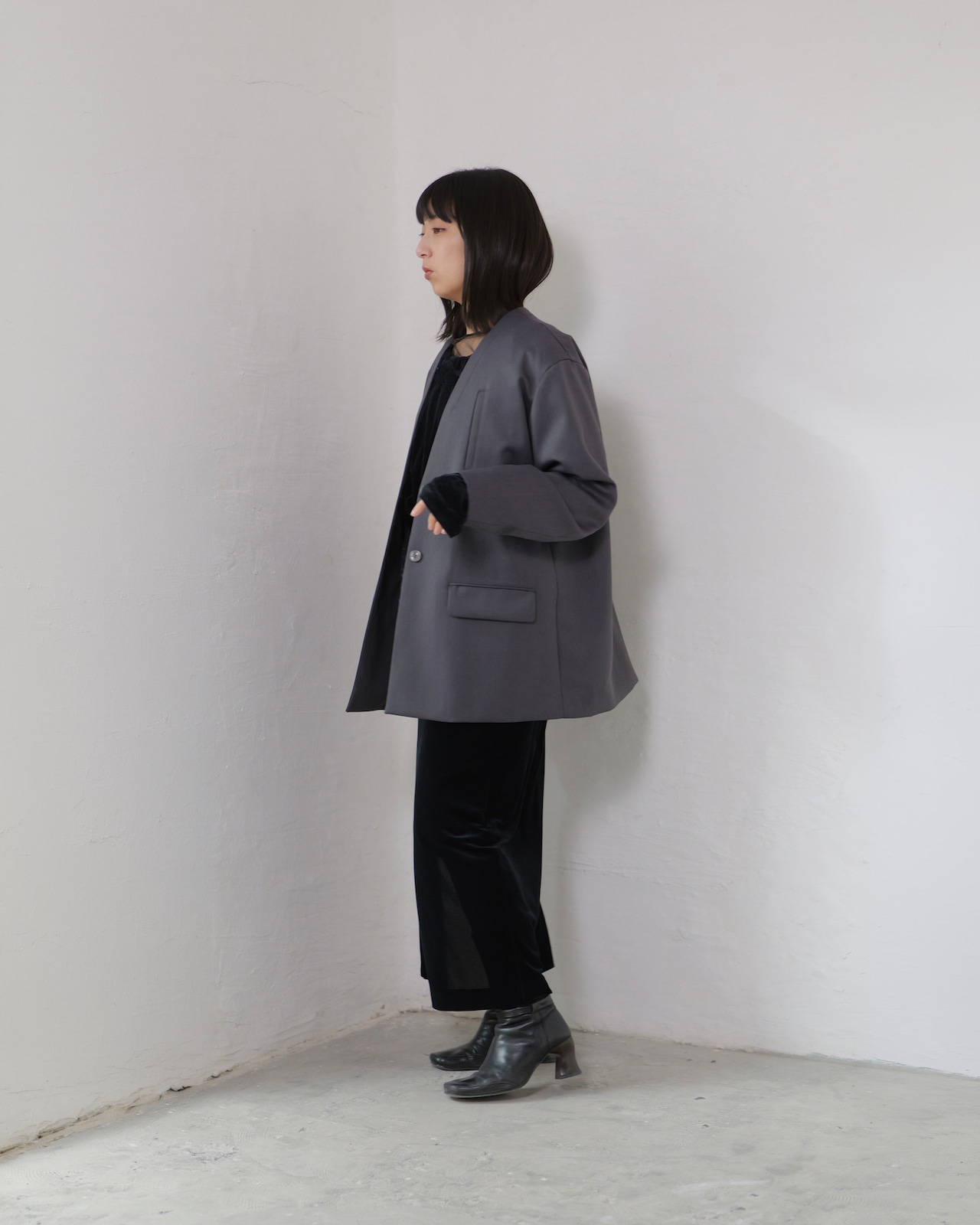 RITSUKO KARITA - Wool No-collar Jacket :Gray|岐阜ウール/玉虫調(紫×グレー)/深ベンツ