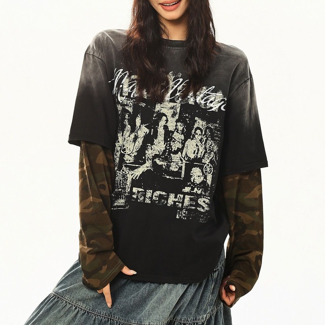 カモフラスリーブフェイクレイヤードフェードTシャツ 1col   R02509