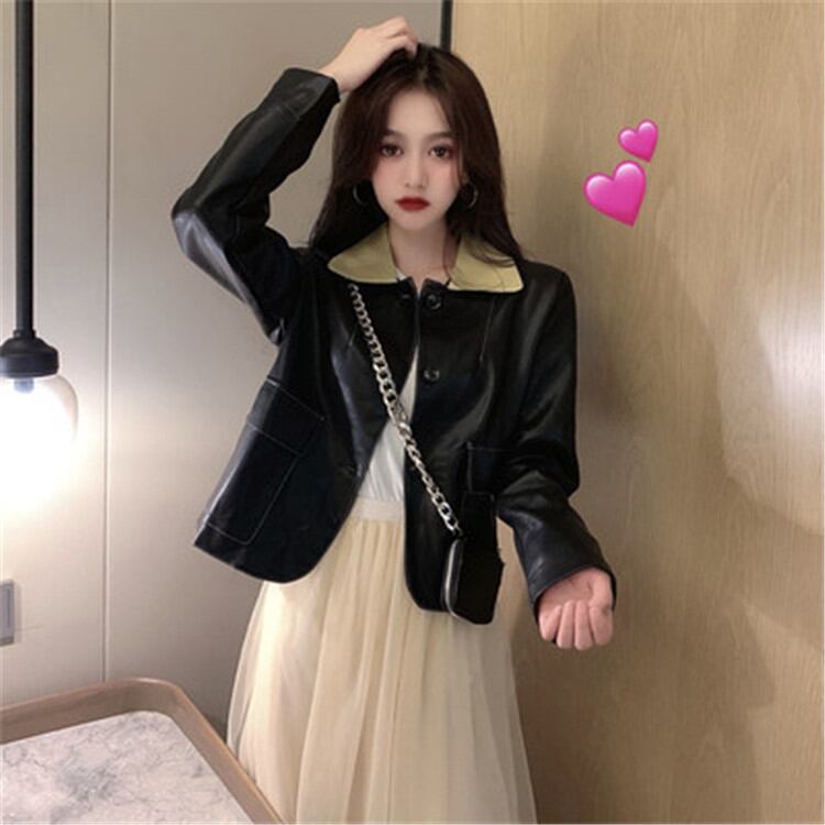 韓国ファッション sweet系 オールマッチ 縫付 ラペル ショート PU レザー ジャケット洗練されたコート