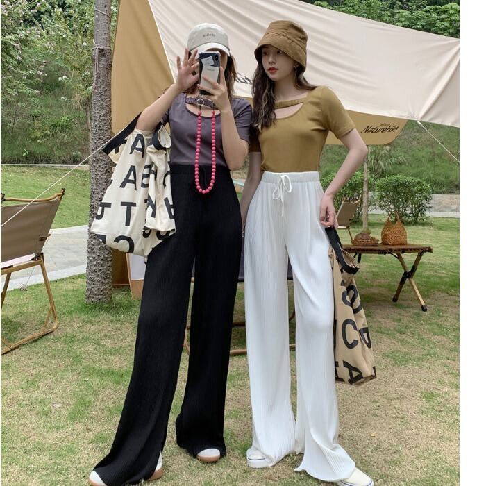 パンツ サマースタンダードハイウェストウェストワイドレッグルーズ薄手カジュアル レトロ 夏物 ワイドパンツ ドラファッションホール97714635796