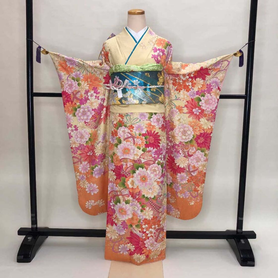 振袖フルセット 裄69cm 身丈180cm 長襦袢セット 総柄 振袖 帯 帯揚げ  