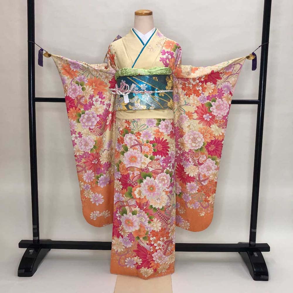 振袖フルセット 裄69cm 身丈180cm 長襦袢セット 総柄 振袖 帯 帯揚げ  