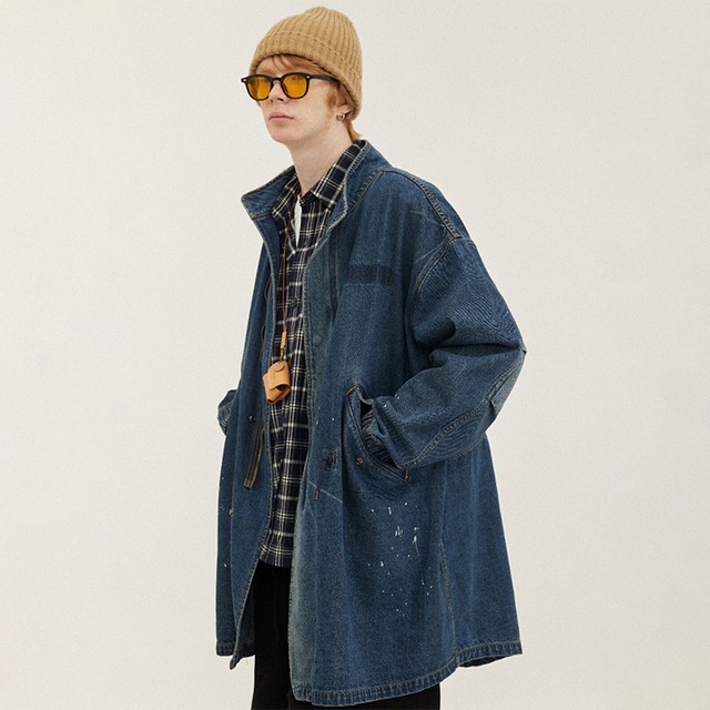 LOST MINDペイントディテールデニムオーバーコート