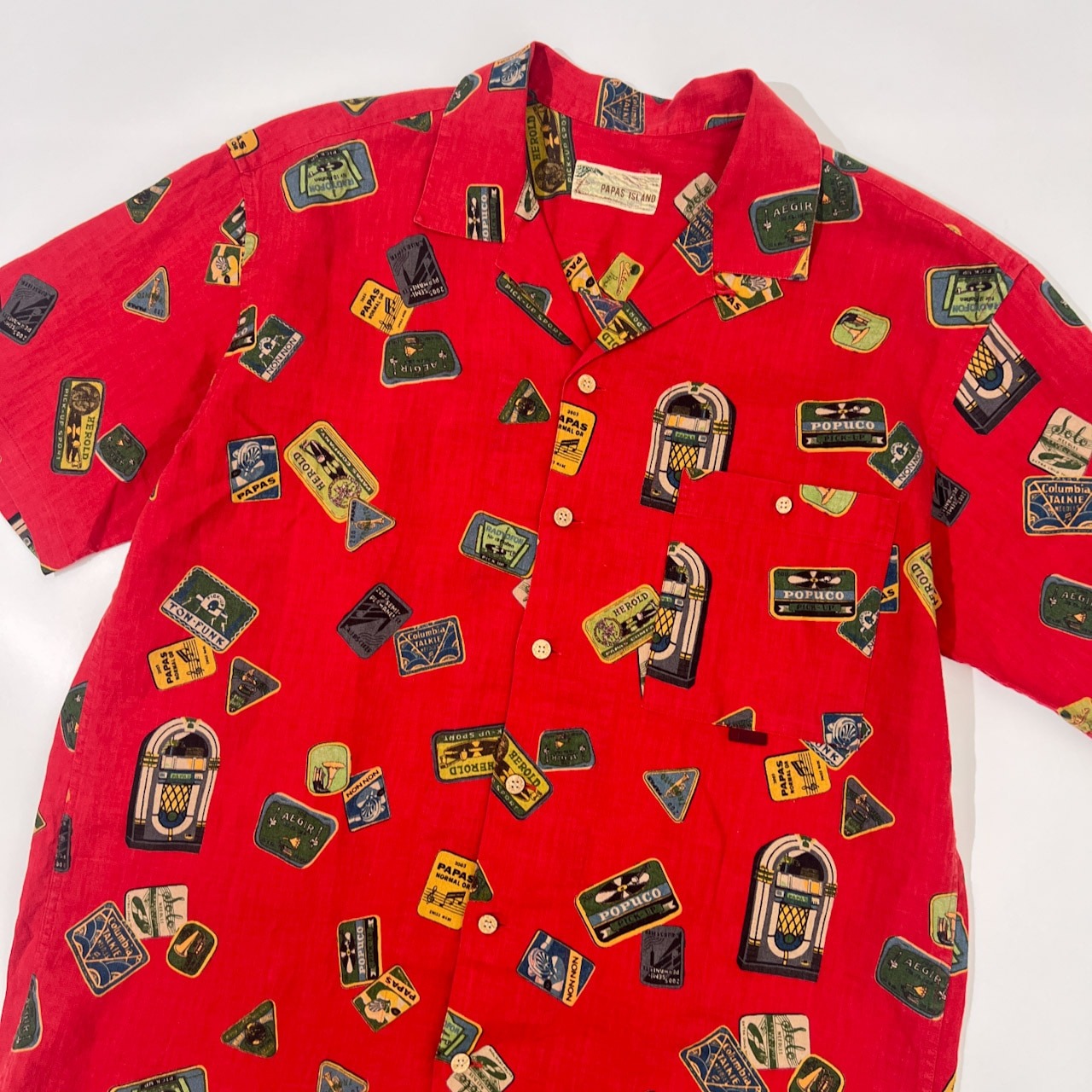 PAPAS ISLAND パパス リネン100% オープンカラー レコード ジュークボックス柄 半袖シャツ サイズ M/レッド/麻