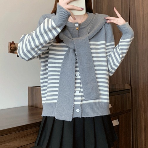 2色／フェイクレイヤードボーダーニットトップス ・72169