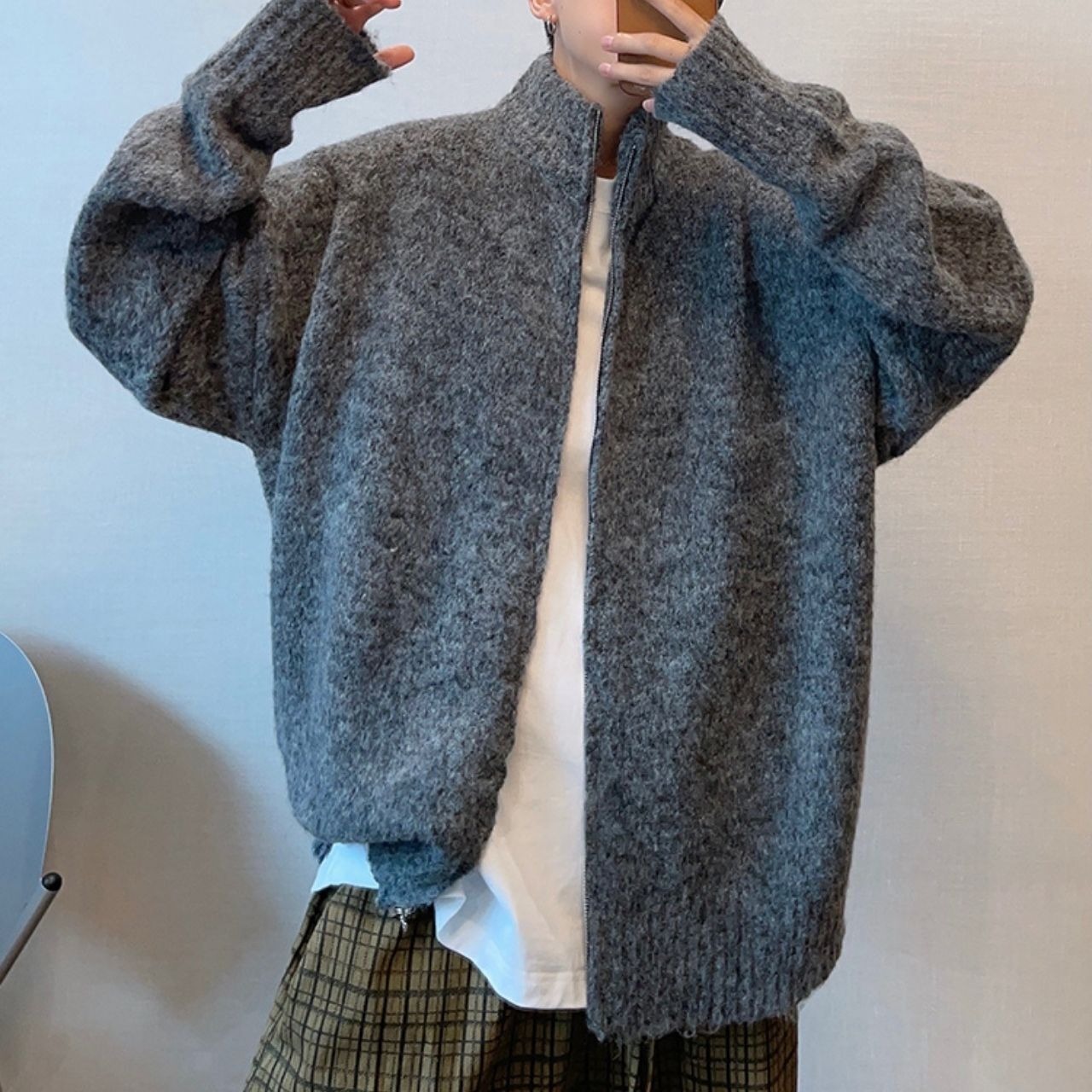 ルーズダークグレージップアップニット　1040