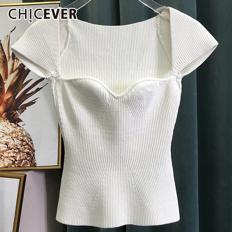 CHICEVERセクシーシャツ女性スクエアカラー半袖中空編みスリムチュニックブラウス2021夏服タイド ショート ハーフスリーブ サマー 夏物 スクウェア 6base573432765766