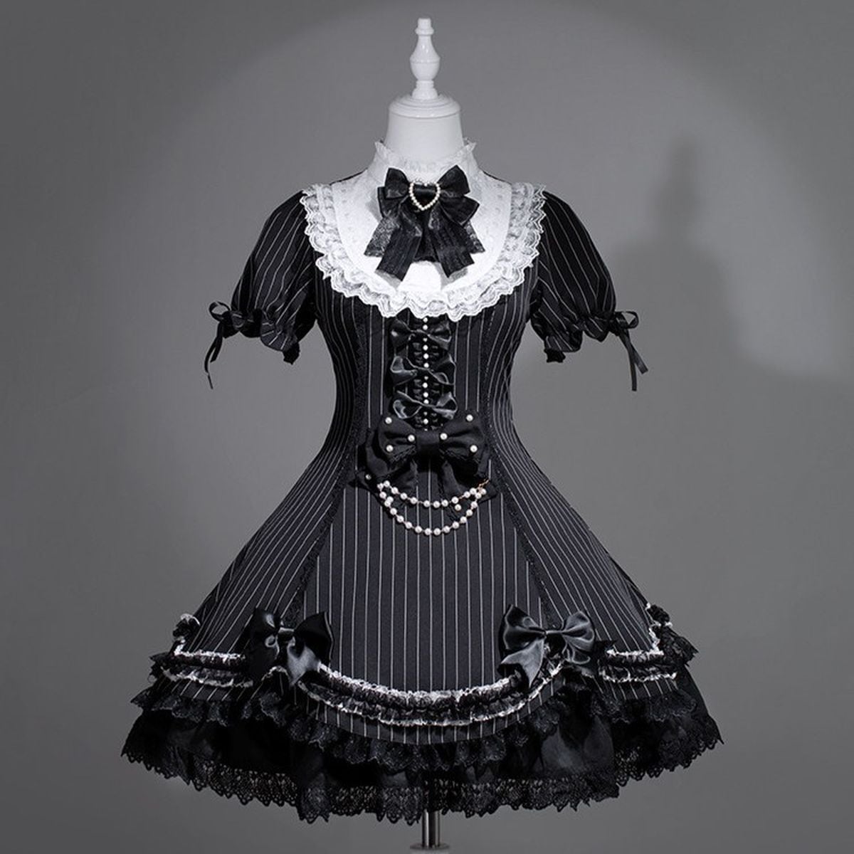 ブラックリボンパールストライプドレス：ワンピース | Maiden's Rêve