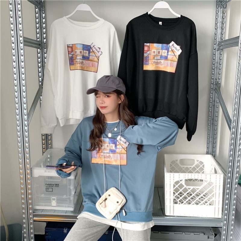 プリントブラウス スプリングルーズラウンドネックプルオーバー セーター ロング 春物 Oネック YY-ファッション14144735134