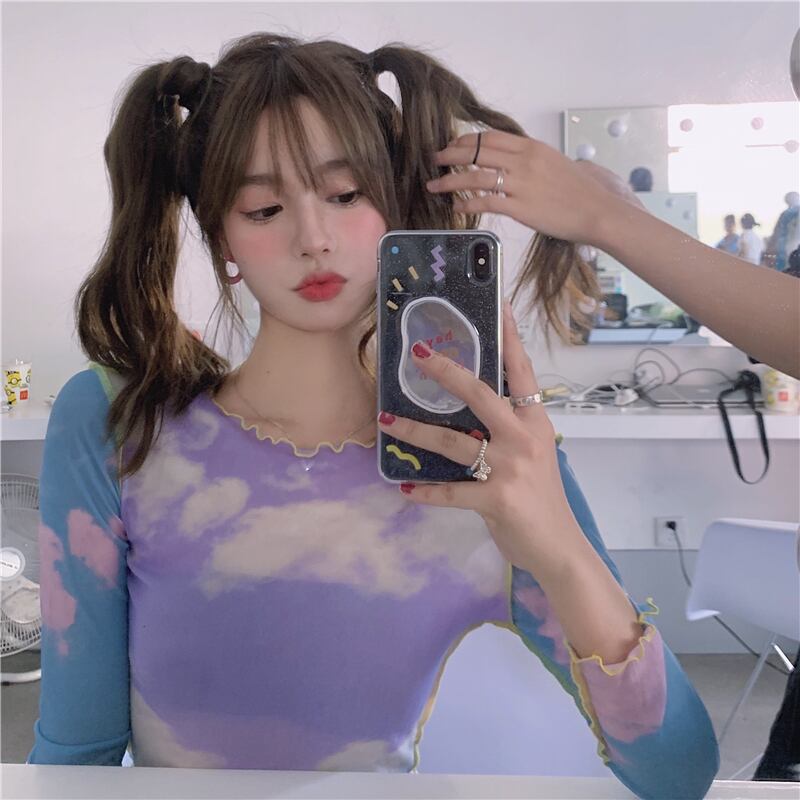 日焼け防止服絞り染めメッシュ薄手の長袖Tシャツレディース2020年夏新しいスリムショートクロップトップ ブラックストロベリース22496407540