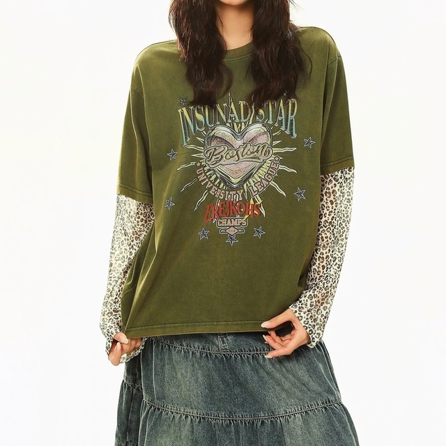 ハートモチーフレオパードレイヤードライクTシャツ 2col R02583