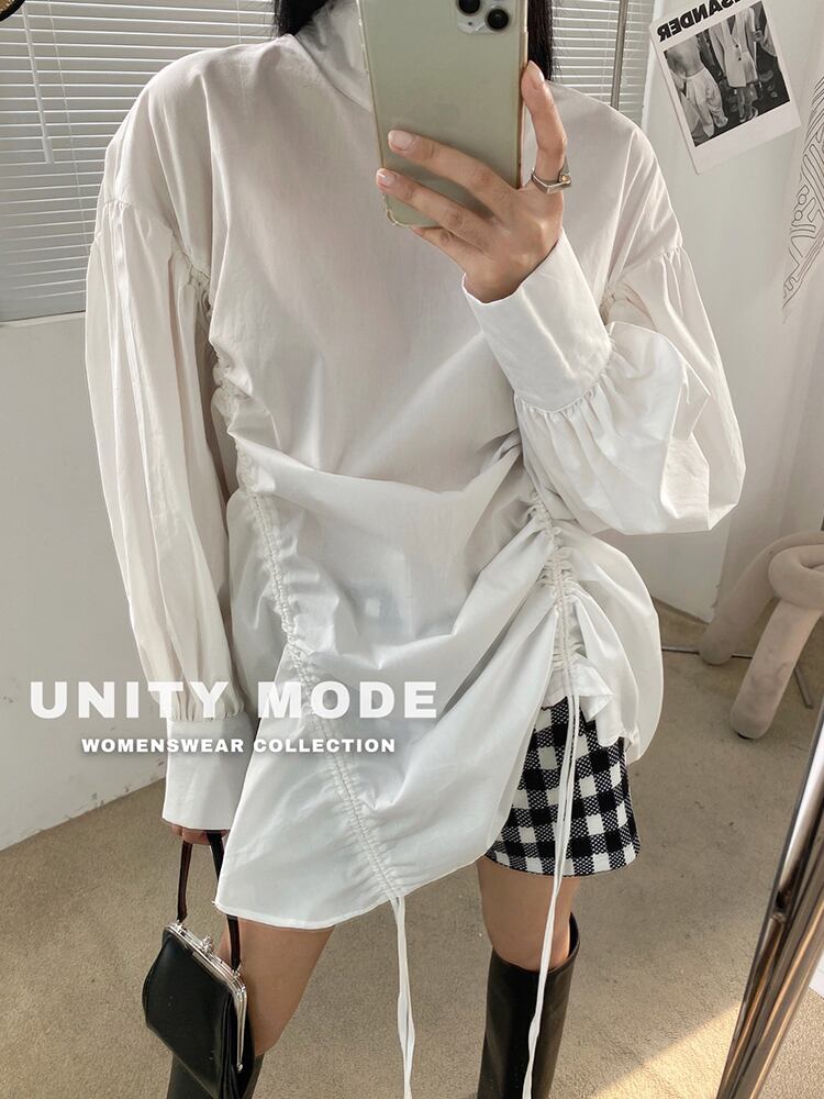 スリーブギャザーシャツ レディーススプリングオータムルーズ長袖カラーホワイトジャケット ロング 春物 秋物 ピュア ビッグFスモールZ韓国82291641291