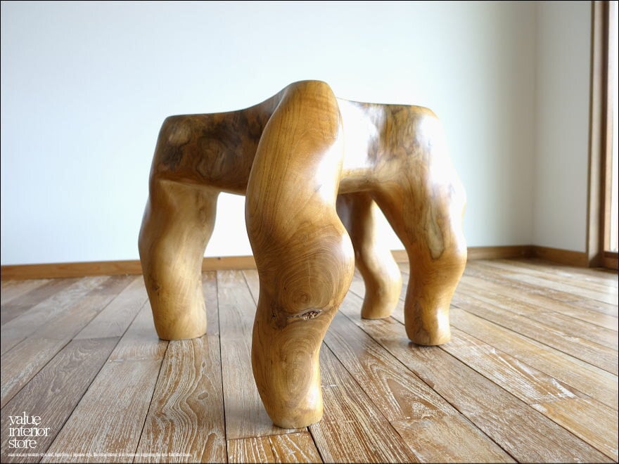 チーク無垢材 プリミティブベンチQuat スツール 椅子 チェア 飾り台 イス 花台 ナチュラル 削り出し 素朴 一点物 28kg