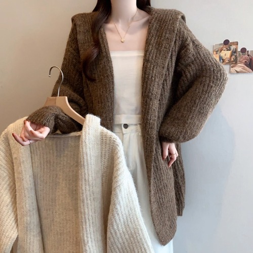 2色／オーバーサイズフードニットカーデ ・72981